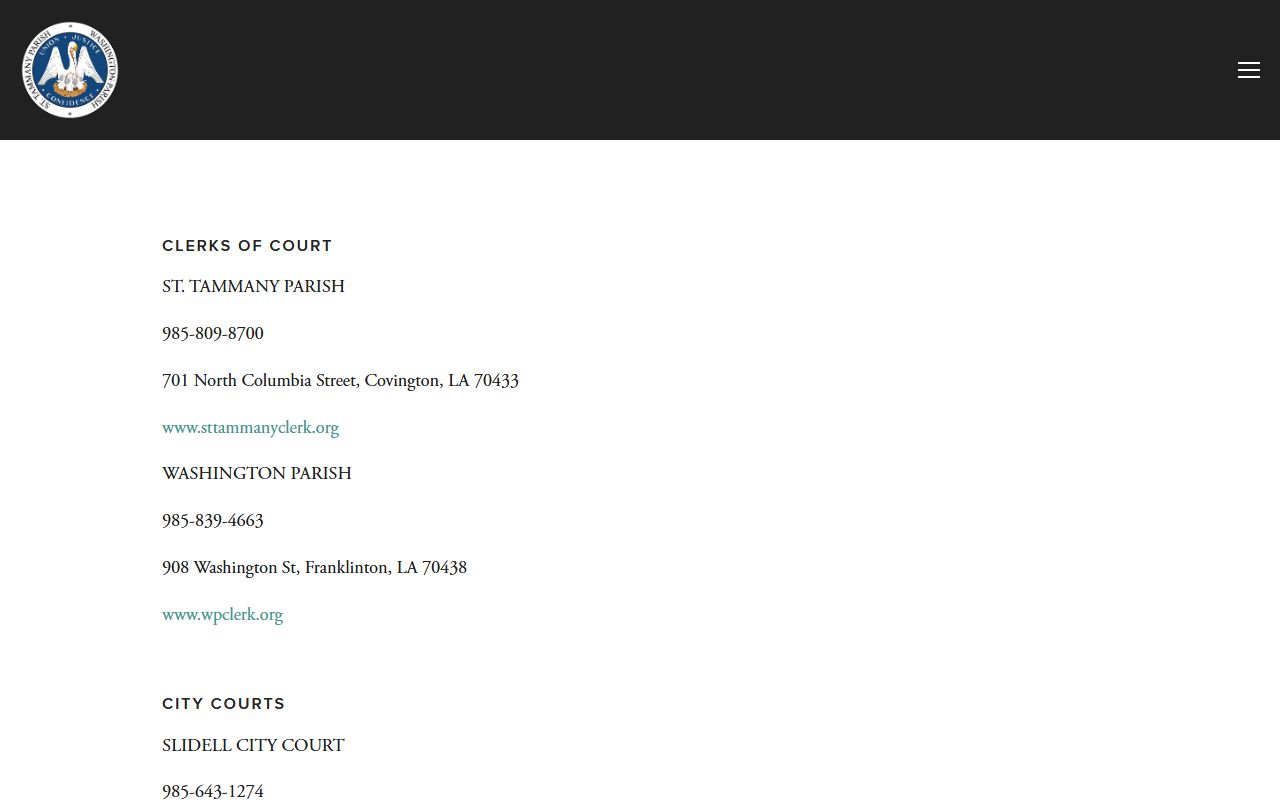 Washington Parish court dockets local agency contact page