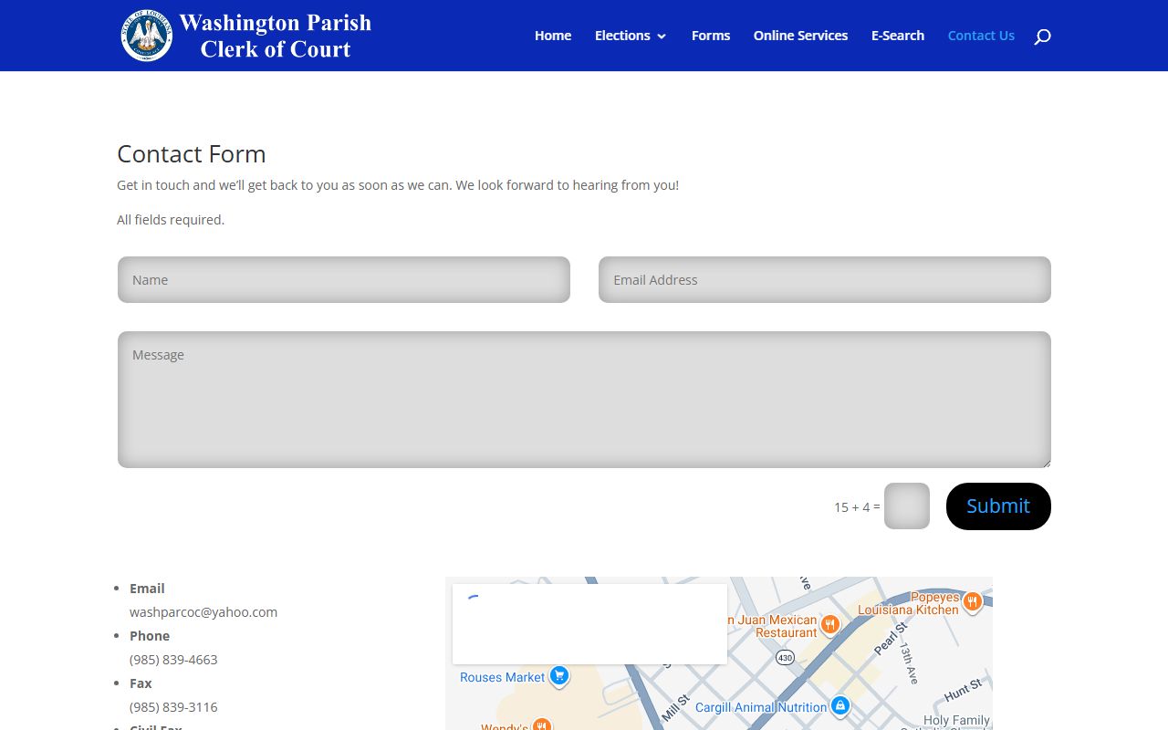 Washington Parish court records Clerk contact page