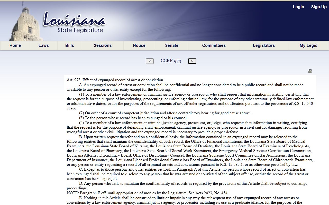 Washington Parish criminal court records expunged records article 973