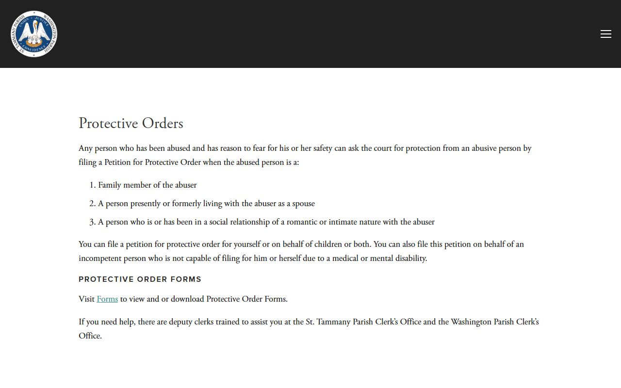 Washington Parish District Court protective orders page