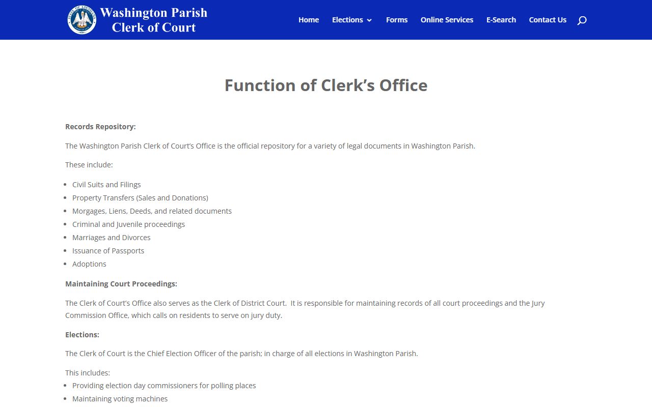 Washington Parish court records Clerk repository duties