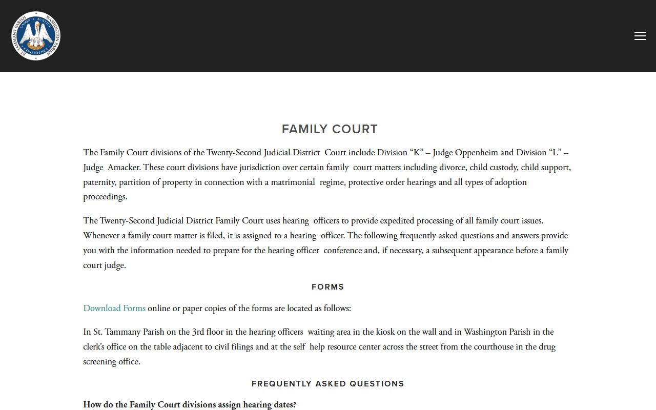 Washington Parish divorce records 22nd JDC Family Court page