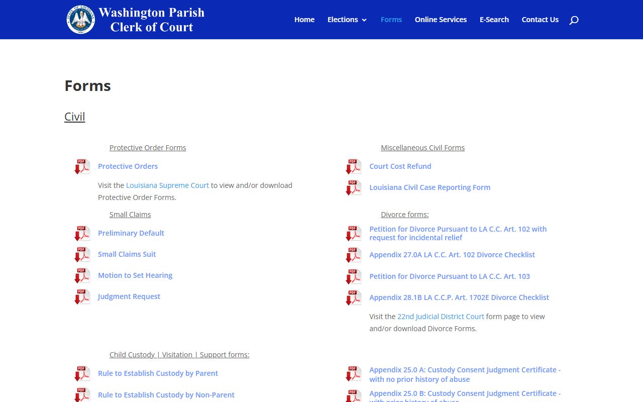 Washington Parish marriage and divorce records Clerk forms page