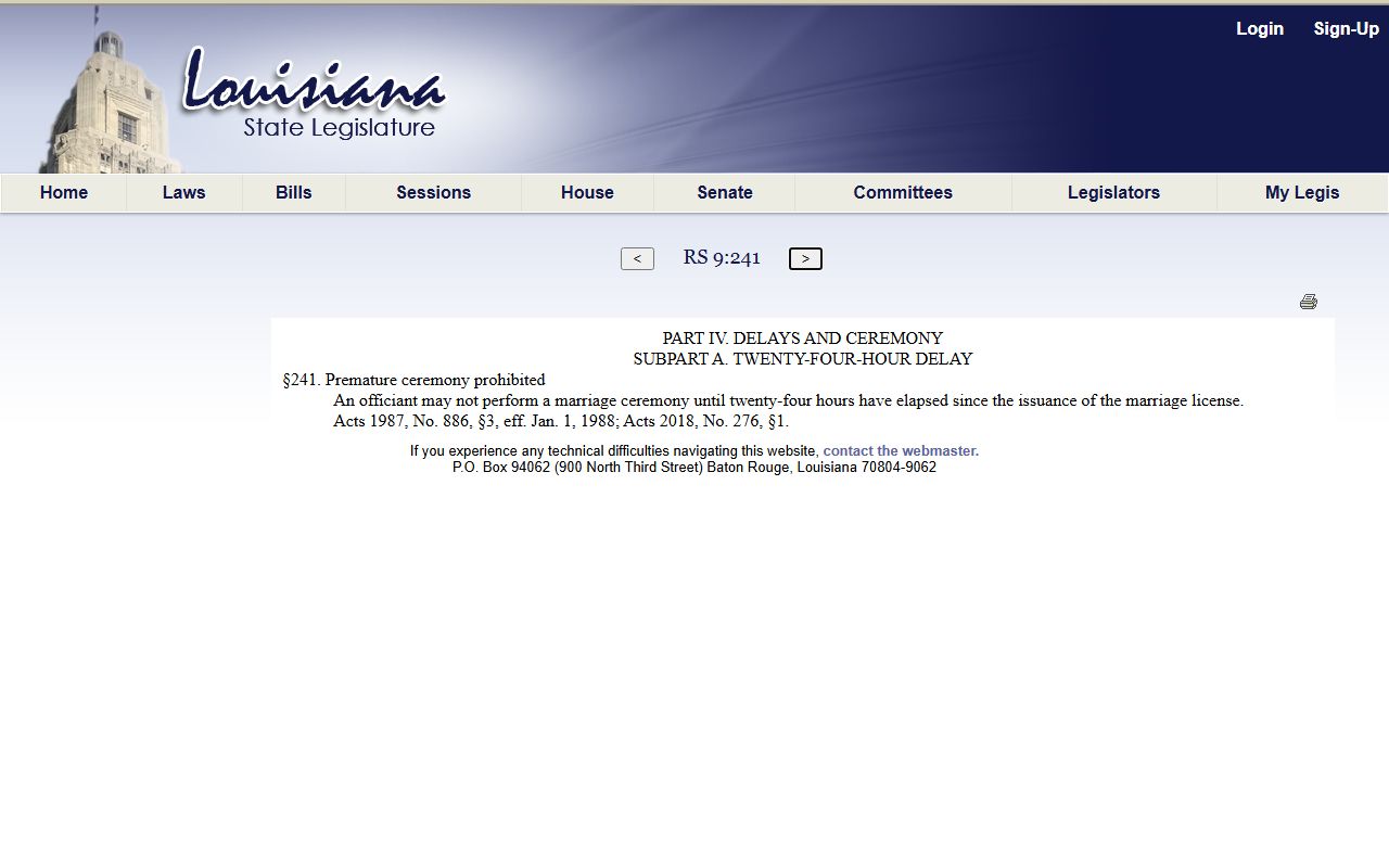 Washington Parish marriage records Louisiana waiting period statute