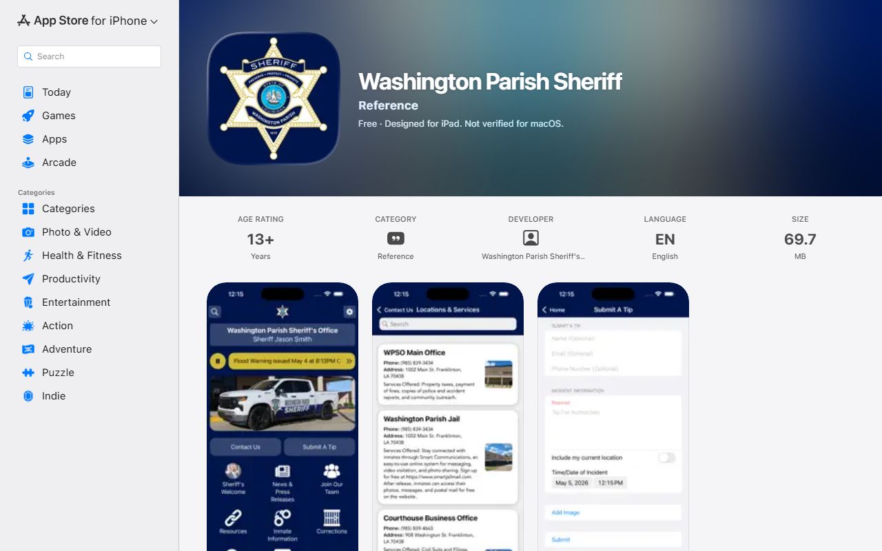 Washington Parish warrant records sheriff iOS app